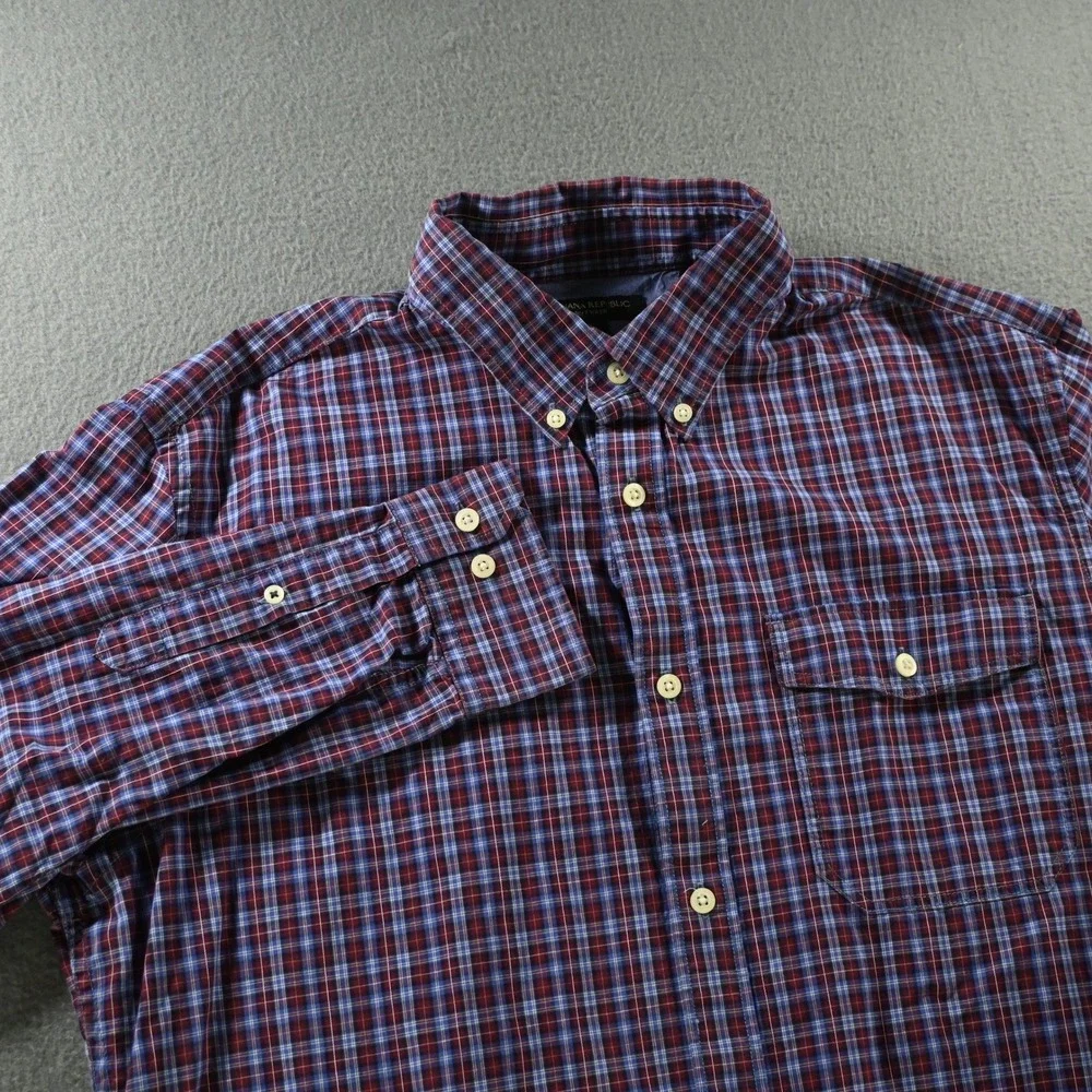 Banana Republic Mens Soft Wash Plaid Button Down Shirt Large Maroon Blue